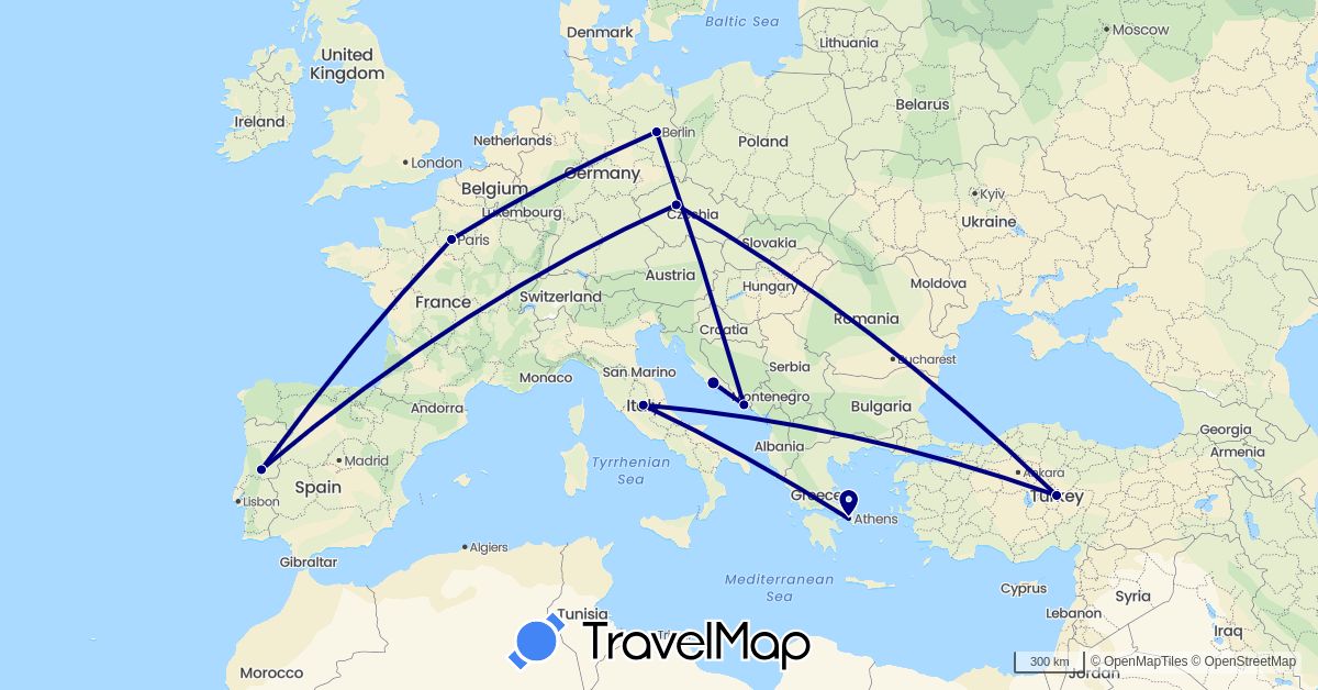 TravelMap itinerary: driving in Czech Republic, Germany, France, Greece, Croatia, Italy, Portugal, Turkey (Asia, Europe)